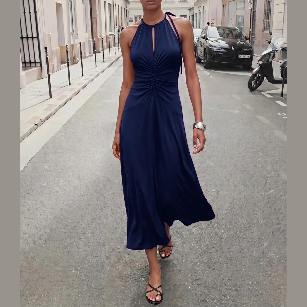 Navy Blue Halter Neck Ruched Front Keyhole Slim Fit Maxi Dress